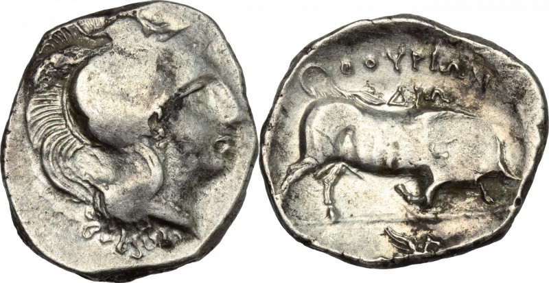 Greek Italy. Southern Lucania, Thurium. AR Stater, 300-280 BC. D/ Head of Athena...