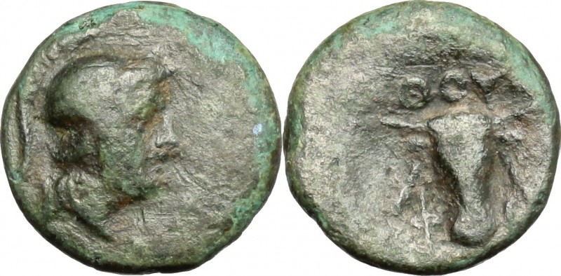 Greek Italy. Southern Lucania, Thurium. AE, after c. 300 BC. D/ Head of Athena r...