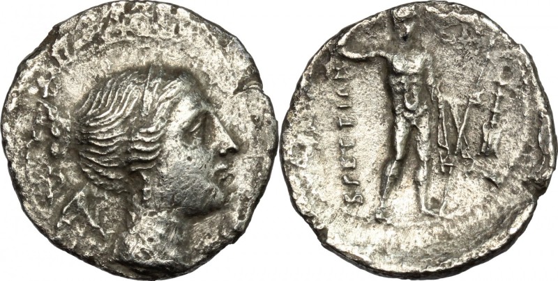 Greek Italy. Bruttium, The Brettii. AR Drachm, c. 216-214 BC. D/ Bust of Nike ri...