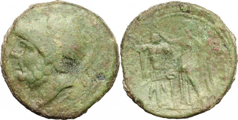 Greek Italy. Bruttium, Brettii. AE double, 214-211 BC. D/ Head of Ares left, hel...