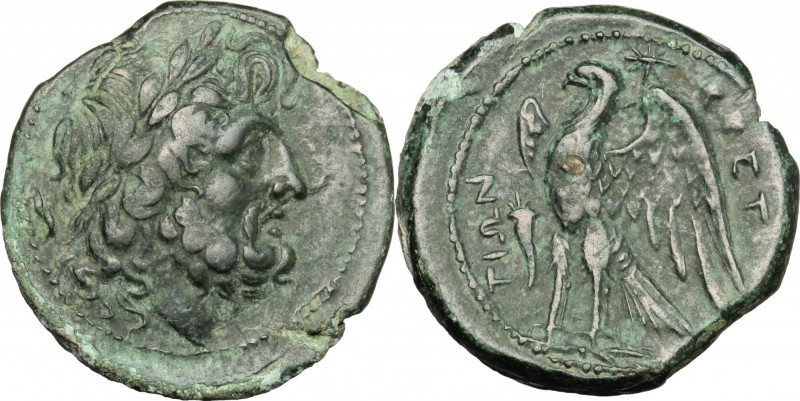 Greek Italy. Bruttium, Brettii. AE unit, 214-211 BC. D/ Laureate head of Zeus ri...