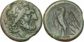 Greek Italy. Bruttium, The Brettii. AE unit, 214-211 BC. D/ Head of Zeus right, laureate; behind, corn-ear. R/ Eagle standing left on thunderbolt, win...