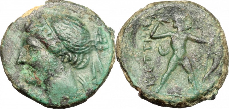 Greek Italy. Bruttium, The Brettii. AE Half, 214-211 BC. D/ Head of Nike left. R...