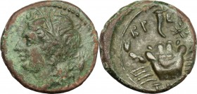 Greek Italy. Bruttium, The Brettii. AE Quarter, 214-211 BC. D/ Head of river god left, horned, wearing wreath of reed; behind, corn-ear. R/ Crab; abov...