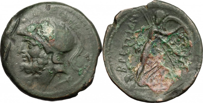 Greek Italy. Bruttium, Brettii. AE double, 211-208 BC. D/ Head of Ares left, hel...