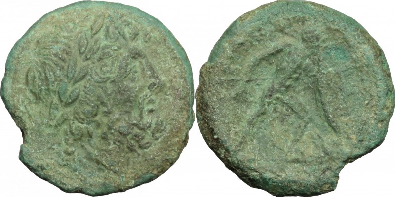 Greek Italy. Bruttium, Brettii. AE unit, 211-208 BC. D/ Head of Zeus right, laur...
