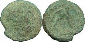 Greek Italy. Bruttium, Brettii. AE unit, 211-208 BC. D/ Head of Zeus right, laureate. R/ Warrior advancing right; holding spear and oval shield. HN It...