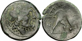 Greek Italy. Bruttium, The Brettii. AE Unit (Drachm), c. 211-208 BC. Fourth coinage. D/ Head of Zeus right, laureate; thunderbolt behind. R/ Warrior a...