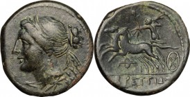 Greek Italy. Bruttium, The Brettii. AE Half, 211-208 BC. D/ Bust of Nike left, diademed. R/ Zeus in biga left; holding scepter and hurling thunderbolt...
