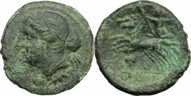 Greek Italy. Bruttium, Brettii. AE Half, 211-208 BC. D/ Head of Nike left. R/ Zeus in biga left; holding scepter and hurling thunderbolt. HN italy 198...
