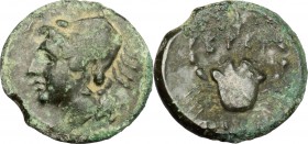 Greek Italy. Bruttium, Brettii. AE quarter, ca. 215-205 BC. D/ Head of Anfitrite left, wearing crab headdress. R/ Crab; in field, racing torch. HN Ita...