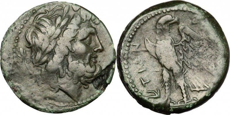 Greek Italy. Bruttium, Brettii. AE Unit, 211-208 BC. D/ Head of Zeus right, laur...