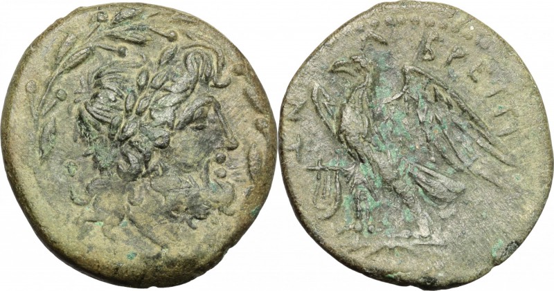 Greek Italy. Bruttium, The Brettii. AE unit , 218-205 BC. D/ Head of Zeus right,...