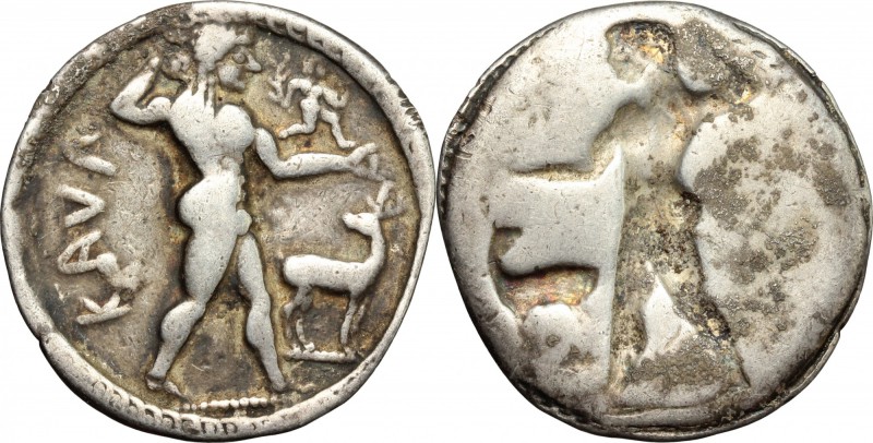 Greek Italy. Bruttium, Kaulonia. AR Stater, 525-500 BC. D/ Apollo standing right...