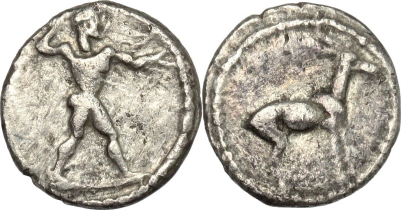 Greek Italy. Bruttium, Kaulonia. AR 1/6 Stater, 475-425 BC. D/ Apollo advancing ...