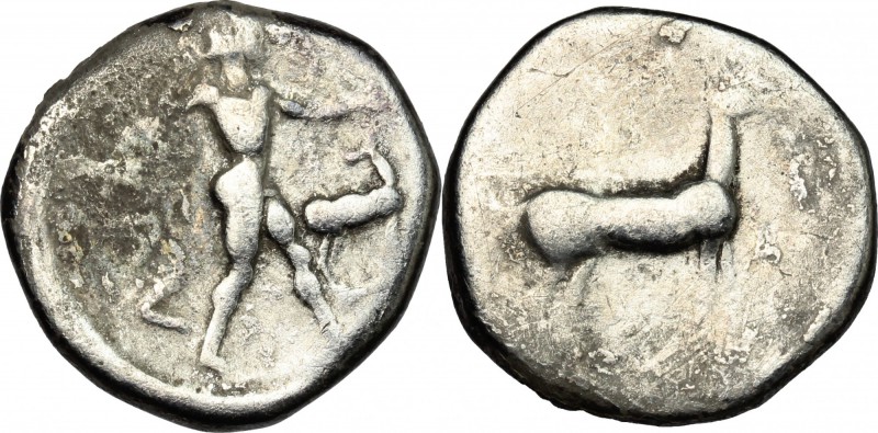 Greek Italy. Bruttium, Kaulonia. AR Stater. 420-410 BC. D/ Apollo standing right...