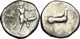 Greek Italy. Bruttium, Kaulonia. AR Stater. 420-410 BC. D/ Apollo standing right; to right, stag standing right, head turned back. R/ Stag right. HN I...
