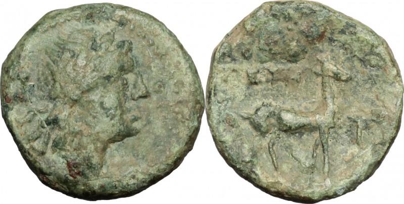 Greek Italy. Bruttium, Kaulonia. AE, 400-388 BC. D/ Head of river god right. R/ ...