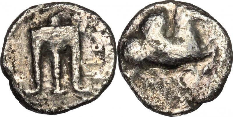 Greek Italy. Bruttium, Kroton. Triobol, 525-425 BC. D/ Tripod. R/ Pegasus right....