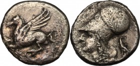 Greek Italy. Bruttium, Locri. AR Stater, 350-275 BC. D/ Pegasus left. R/ Head of Athena left, helmeted. HN Italy 2342. AR. g. 7.95 mm. 21.00 Toned. Ab...