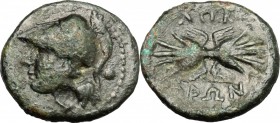 Greek Italy. Bruttium, Locri. AE, c. 317-289 BC. D/ Head of Athena left, helmeted; behind, pellet. R/ Thunderbolt. HN Italy 2362. AE. g. 4.74 mm. 19.0...