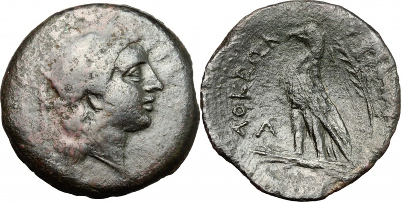 Greek Italy. Bruttium, Locri. AE, 287-278 BC. D/ Head of Persephone right, diade...
