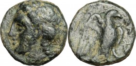 Greek Italy. Bruttium, Locri. AE, 4th century BC. D/ Female head left (Athena?). R/ Eagle standing right. cf. HN Italy 2407 (no helmet). AE. g. 1.23 m...