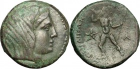 Greek Italy. Bruttium, Petelia. AE, 280-216 BC. D/ Head of Demeter right, veiled. R/ Zeus standing facing,hurling thunderbolt and holding scepter; beh...