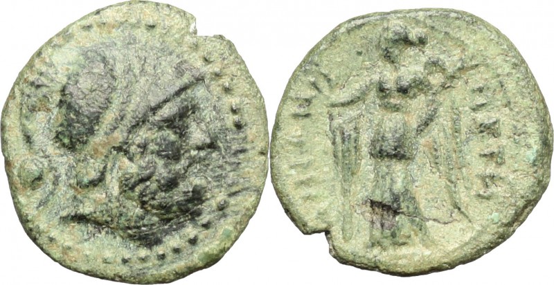 Greek Italy. Bruttium, Petelia. AE Oncia, 215-200 BC. D/ Head of Ares right, hel...