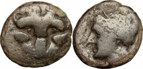 Greek Italy. Bruttium, Rhegion. AE, 351-280 BC. D/ Lion-mask. R/ Head of Apollo left. HN Italy 2534b. AE. g. 5.29 mm. 19.00 Good F/F.