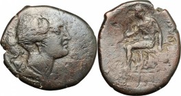 Greek Italy. Bruttium, Rhegion. AE Pentonkion, 215-150 BC. D/ Head of Artemis right. R/ Apollo seated left on omphalos. HN Italy 2552. AE. g. 11.51 mm...