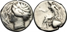 Greek Italy. Bruttium, Terina. AR Stater, 440-425 BC. D/ Female head left within olive-wreath. R/ Nike seated on hydria left. HN Italy 2575. AR. g. 7....