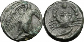 Sicily. Akragas. AE Hexas, c. 406 BC. D/ Eagle standing right on hare. R/ Crab; above, pellet; below, two fishes. cf. CNS I, 71. AE. g. 7.56 mm. 18.00...