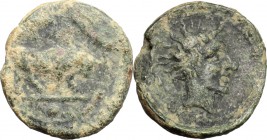 Sicily. Gela. AE Onkia, 420-405 BC. D/ Bull right; in exergue, pellet. R/ Head of river god right. CNS III, 26. AE. g. 0.99 mm. 11.00 About VF.