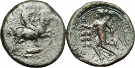 Sicily. Himera. AE Hemilitron, after 420 BC. D/ Naked youth seated on goat prancing right; blowing shell and holding caducaeus; below, grasshopper. R/...
