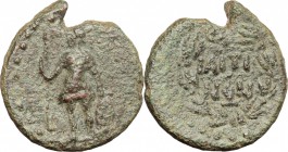 Sicily. Iaitos. Roman Rule. AE, after 241 BC. D/ Warrior standing left; holding spear and leaning on shield set on ground. R/ Ethnic in two lines with...