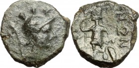 Sicily. Iaitos. Roman Rule. AE after 241 BC. D/ Head of warrior right, helmeted; behind, palm. R/ Warrior standing left; holding spear and shield set ...