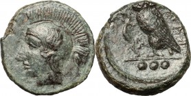 Sicily. Kamarina. AE Tetras, c. 410 BC. D/ Head of Athena left, helmeted. R/ Owl standing left; holding lizard; in exergue, three pellets. CNS III, 28...