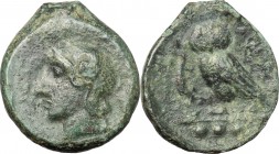 Sicily. Kamarina. AE Tetras, 420-405 BC. D/ Head of Athena left, helmeted. R/ Owl standing left; holding lizard; in exergue, three pellets. CNS III, 2...
