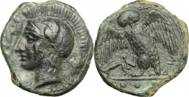 Sicily. Kamarina. AE Tetras, 410-405 BC. D/ Head of Athena left, helmeted. R/ Owl standing frontal, wings open; holding lizard in right claw; in exerg...
