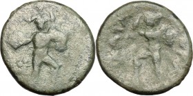 Sicily. Katane. AE, 2nd-1st century BC. D/ Amphinomos advancing left carrying his father. R/ Anapias advancing right (?) carrying his mother. CNS III,...