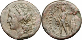 Sicily. Messana. The Mamertinoi. AE, 211-208 BC. D/ Head of Apollo left, laureate; behind, lyre. R/ Warrior standing facing, wearing chlamys; holding ...