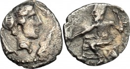 Sicily. Panormos. AR Litra, 405-380 BC. D/ Head of nymph right; around, dolphins. R/ Poseidon seated left. SNG ANS 544 var. (Poseidon seated right). J...