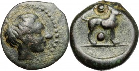 Sicily. Segesta. AE Hexas, c. 420 BC. D/ Head of nymph Segesta right, hair bound. R/ Hound standing right; above and below, pellet. CNS I, 4. AE. g. 4...
