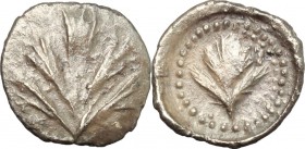 Sicily. Selinos. AR Litra, 480-466 BC. D/ Selinon leaf. R/ Selinon leaf. SNG Cop. 595-596. AR. g. 0.61 mm. 11.00 Toned. Good VF.