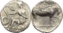 Sicily. Selinos. AR Litra, c. 410 BC. D/ Nymph seated left, touching snake. R/ Man-headed bull standing right. SNG Cop. 602-603. AR. g. 0.59 mm. 11.00...