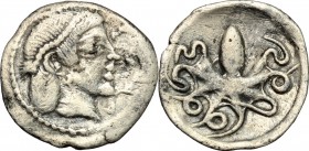 Sicily. Syracuse. AR Litra, 485-465 BC. D/ Head of Arethusa right, diademed. R/ Cuttle-fish. SNG Cop. 641. AR. g. 0.74 mm. 13.00 Slightly toned. About...