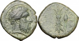 Sicily. Syracuse. Dionysios II (367-357 BC). AE Hemidrachm. D/ Head of Zeus right, laureate. R/ Thunderbolt; to right, barley grain. CNS II, 71. AE. g...