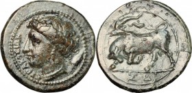 Sicily. Syracuse. Agathokles (317-289 BC). AE. D/ Head of Persephone left, wearing wreath; behind, ear of corn. R/ Bull butting left; above, dolphin; ...