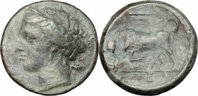 Sicily. Syracuse. Hieron II (274-216 BC). AE. D/ Head of Kore left wearing wreath. R/ Bull butting left; above, club. CNS II, 191. AE. g. 5.55 mm. 19....